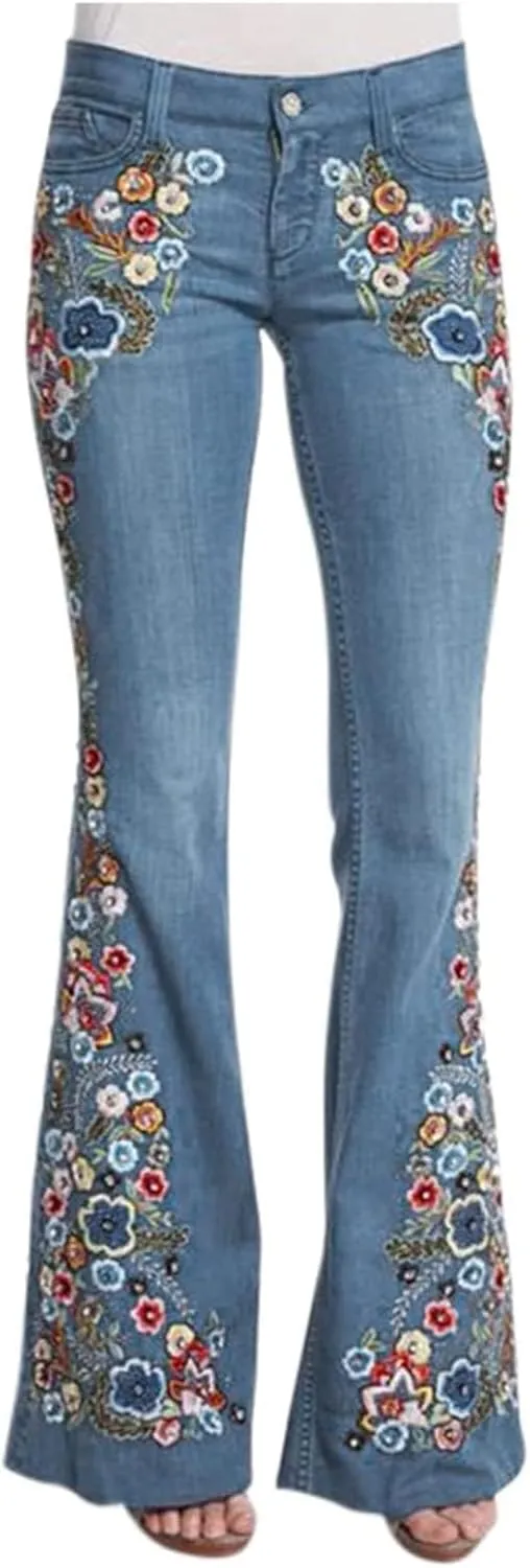 Women Bell Bottom Embroidered Gothic Floral Print Bootcut Western Jeans