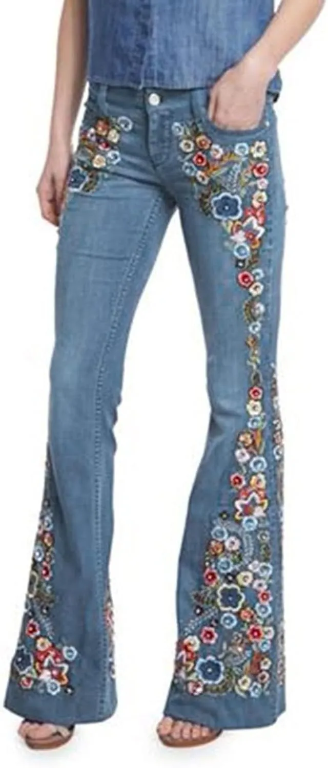 Women Bell Bottom Embroidered Gothic Floral Print Bootcut Western Jeans