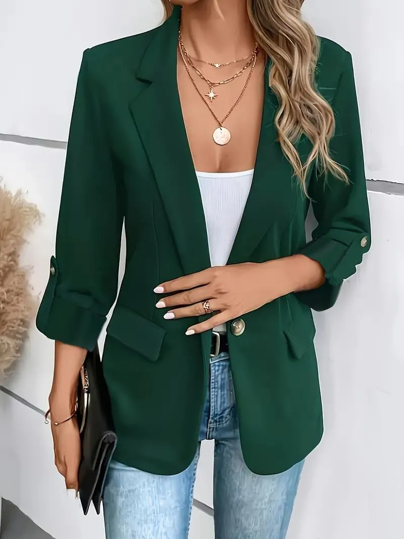 Women Blazers 3/4 Roll Sleeve Lapel Blazer Jacket Button Down Open Front Coat Casual Business Jackets with Pockets