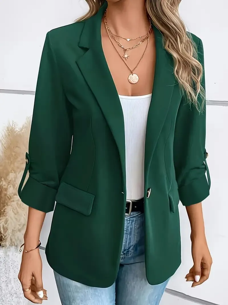 Women Blazers 3/4 Roll Sleeve Lapel Blazer Jacket Button Down Open Front Coat Casual Business Jackets with Pockets