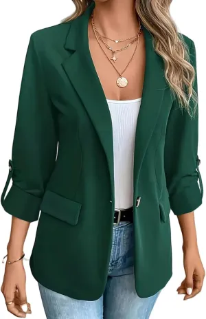 Women Blazers 3/4 Roll Sleeve Lapel Blazer Jacket Button Down Open Front Coat Casual Business Jackets with Pockets