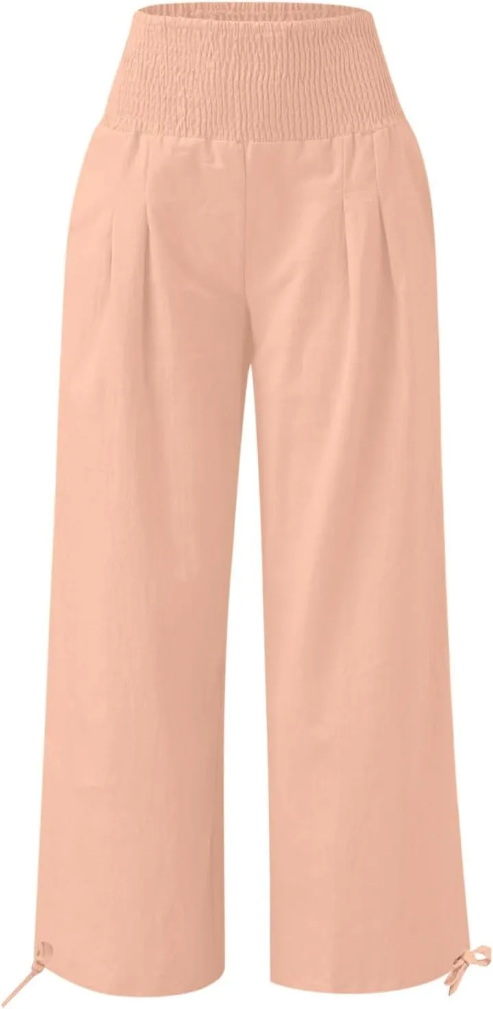Women Cotton Linen Palazzo Pants Summer Boho Wide Leg High Waist Casual Lounge Pant 2025 Beach Travel Vacation Outfits