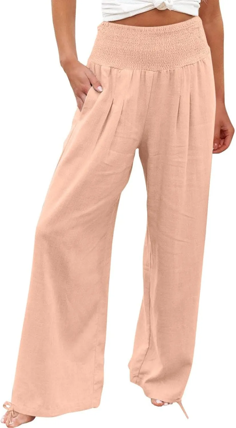 Women Cotton Linen Palazzo Pants Summer Boho Wide Leg High Waist Casual Lounge Pant 2025 Beach Travel Vacation Outfits
