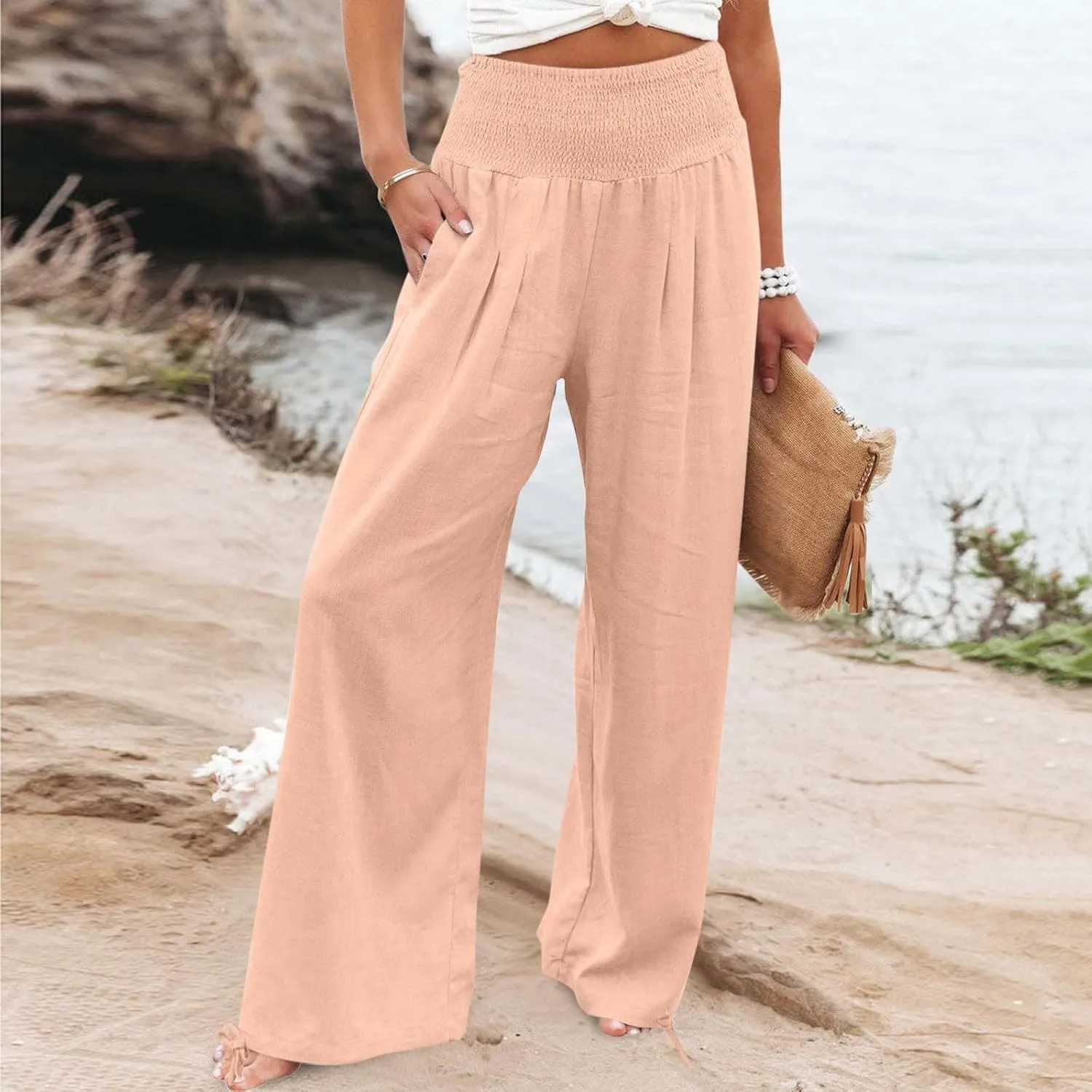 Women Cotton Linen Palazzo Pants Summer Boho Wide Leg High Waist Casual Lounge Pant 2025 Beach Travel Vacation Outfits