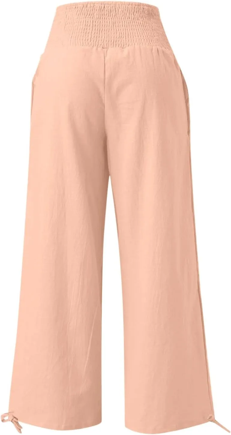 Women Cotton Linen Palazzo Pants Summer Boho Wide Leg High Waist Casual Lounge Pant 2025 Beach Travel Vacation Outfits