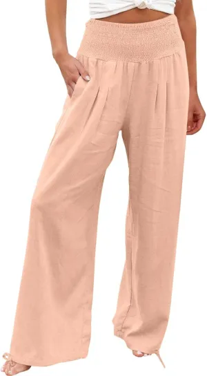 Women Cotton Linen Palazzo Pants Summer Boho Wide Leg High Waist Casual Lounge Pant 2025 Beach Travel Vacation Outfits