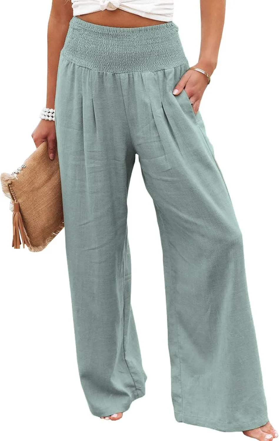 Women Cotton Linen Pants Loose Beach Elastic High Waist Casual Wide Leg Palazzo Yoga Lounge Trousers with Pockets