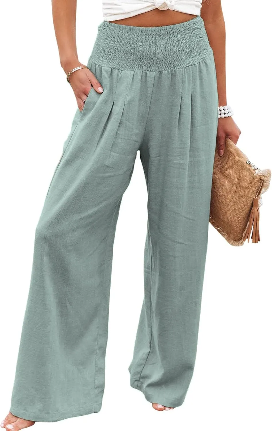 Women Cotton Linen Pants Loose Beach Elastic High Waist Casual Wide Leg Palazzo Yoga Lounge Trousers with Pockets