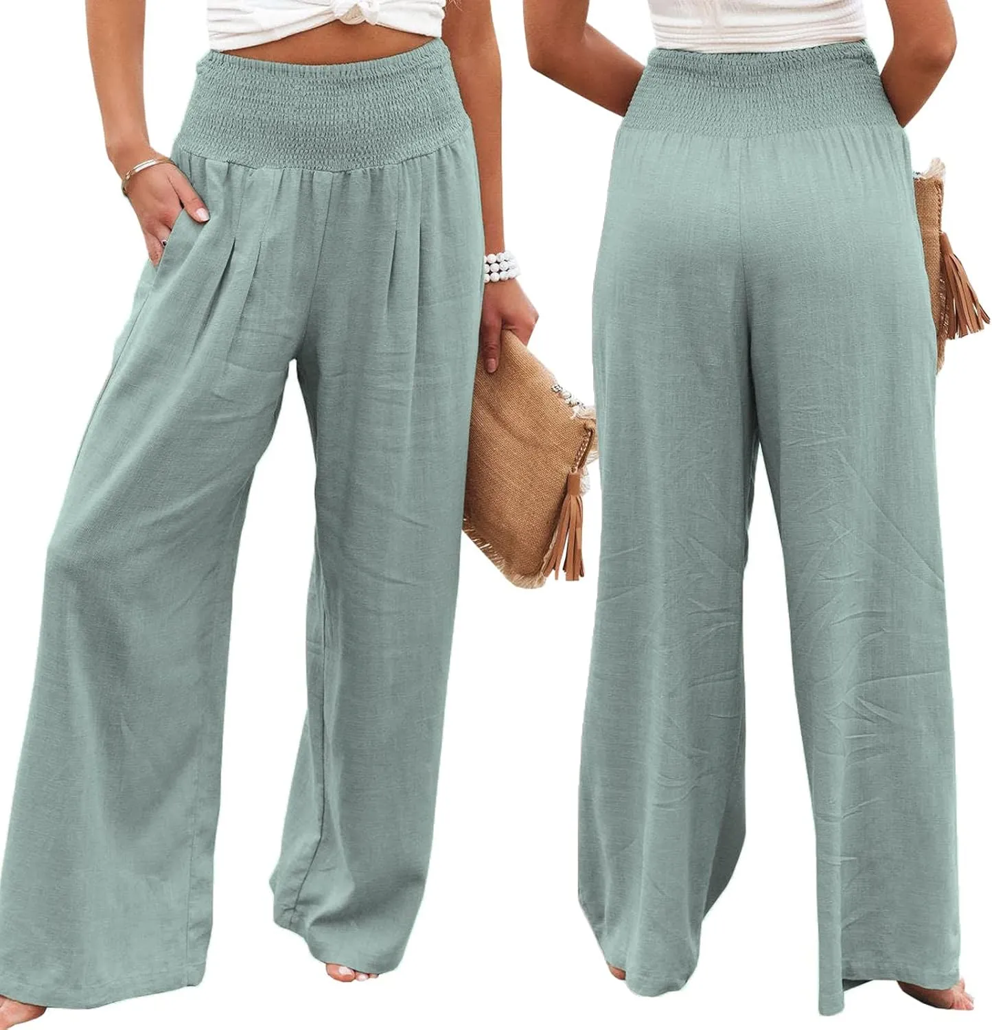 Women Cotton Linen Pants Loose Beach Elastic High Waist Casual Wide Leg Palazzo Yoga Lounge Trousers with Pockets