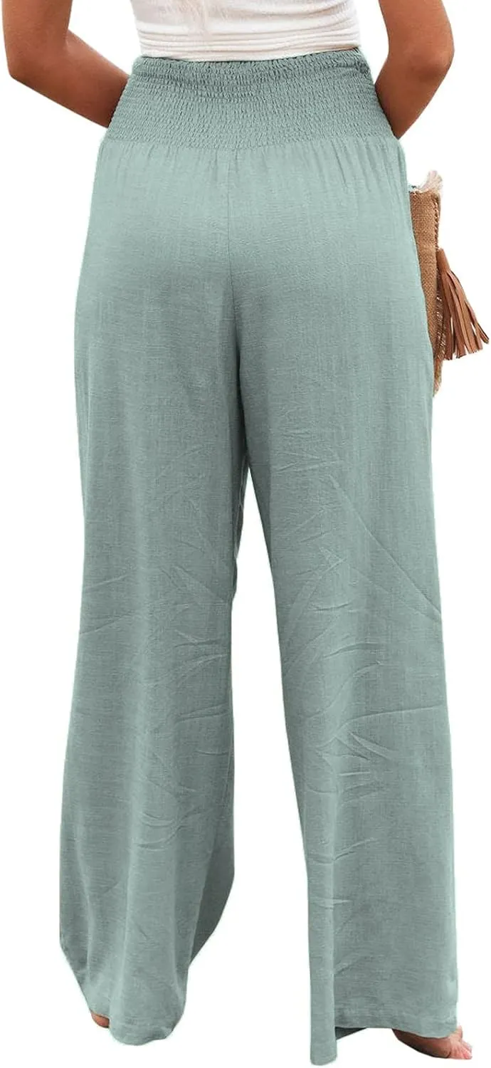 Women Cotton Linen Pants Loose Beach Elastic High Waist Casual Wide Leg Palazzo Yoga Lounge Trousers with Pockets
