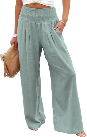 Women Cotton Linen Pants Loose Beach Elastic High Waist Casual Wide Leg Palazzo Yoga Lounge Trousers with Pockets