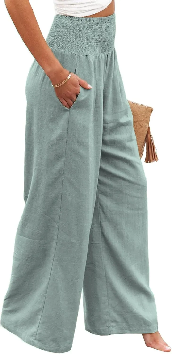 Women Cotton Linen Pants Loose Beach Elastic High Waist Casual Wide Leg Palazzo Yoga Lounge Trousers with Pockets