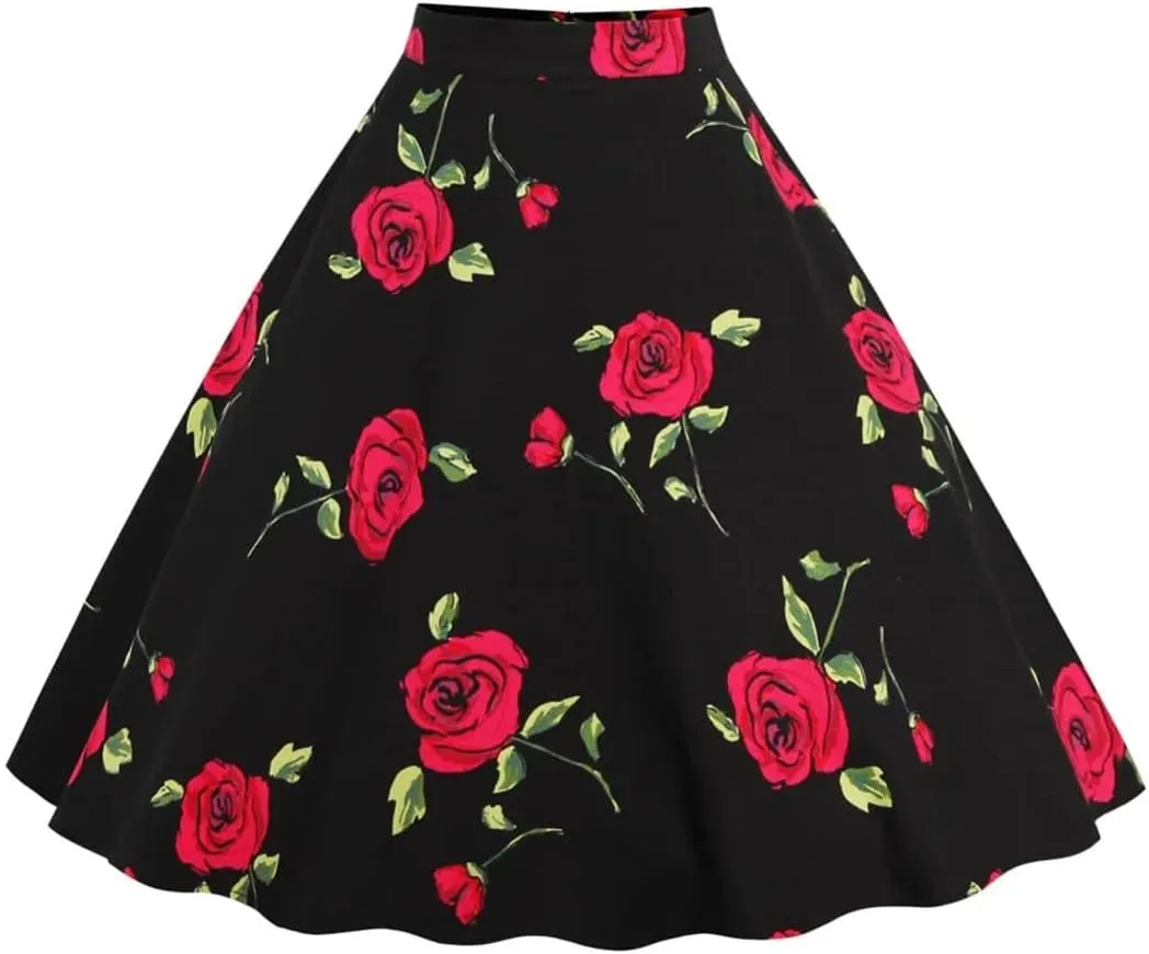 Women Elegant Flower Print Skirts Floral Pleated Black Red Pin Up High Waist Vintage Skirt