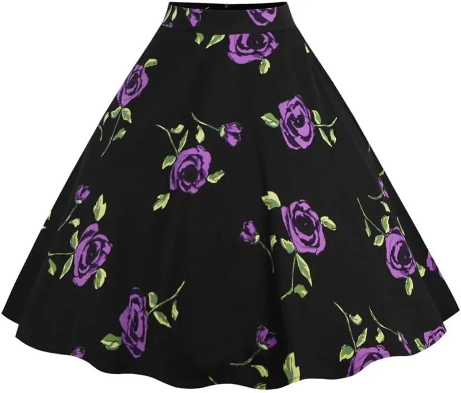Women Elegant Flower Print Skirts Floral Pleated Black Red Pin Up High Waist Vintage Skirt