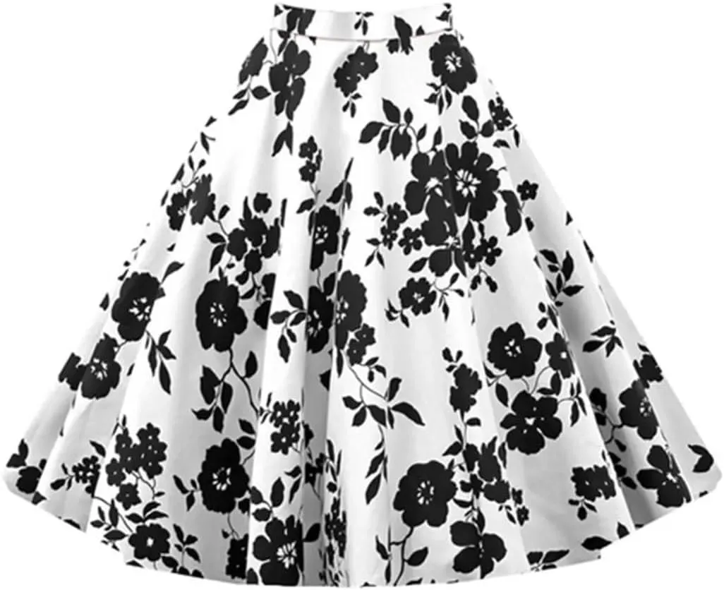 Women Elegant Flower Print Skirts Floral Pleated Black Red Pin Up High Waist Vintage Skirt