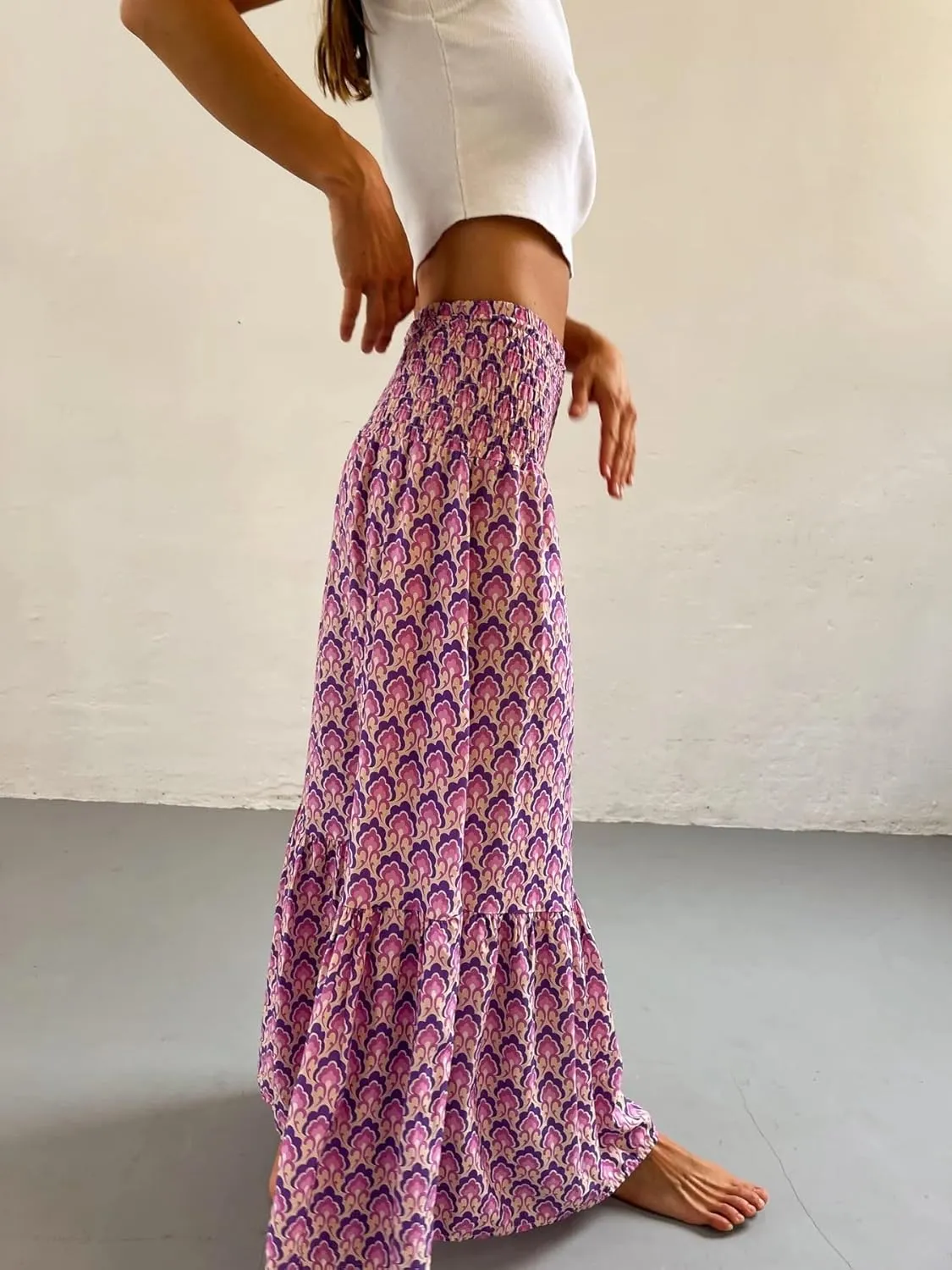 Women Flowy Boho Maxi Skirt Print Pleated Aline Long Summer Sexy Skirt