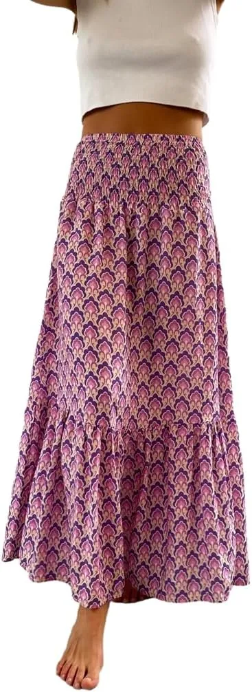 Women Flowy Boho Maxi Skirt Print Pleated Aline Long Summer Sexy Skirt