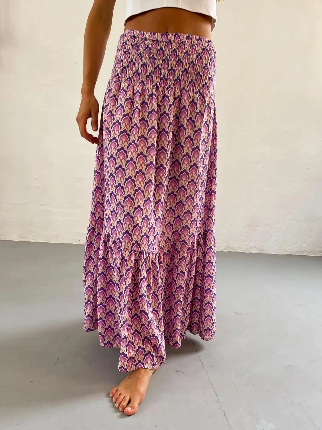 Women Flowy Boho Maxi Skirt Print Pleated Aline Long Summer Sexy Skirt