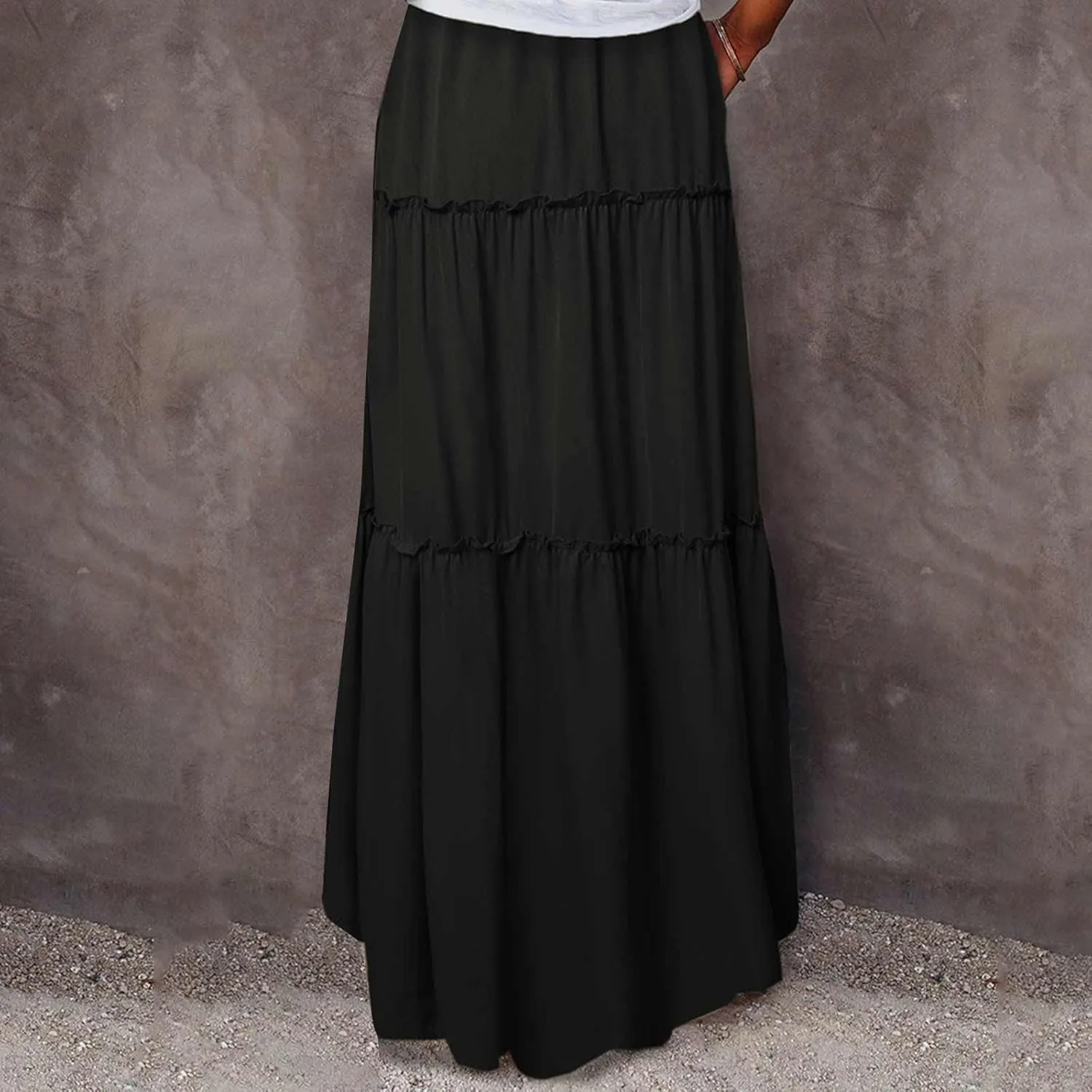 Women Flowy Layered Tiered Maxi Skirts Elastic High Waisted A Line Summer Beach Skirt Plus Size Stretch Dress