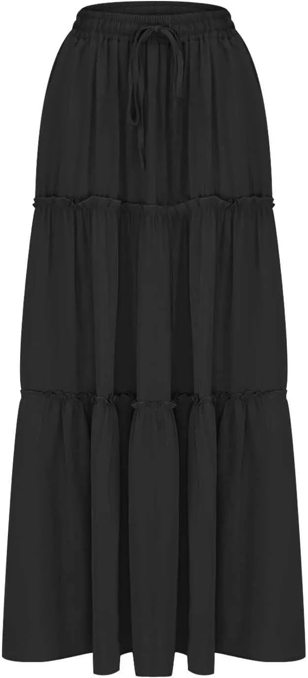 Women Flowy Layered Tiered Maxi Skirts Elastic High Waisted A Line Summer Beach Skirt Plus Size Stretch Dress
