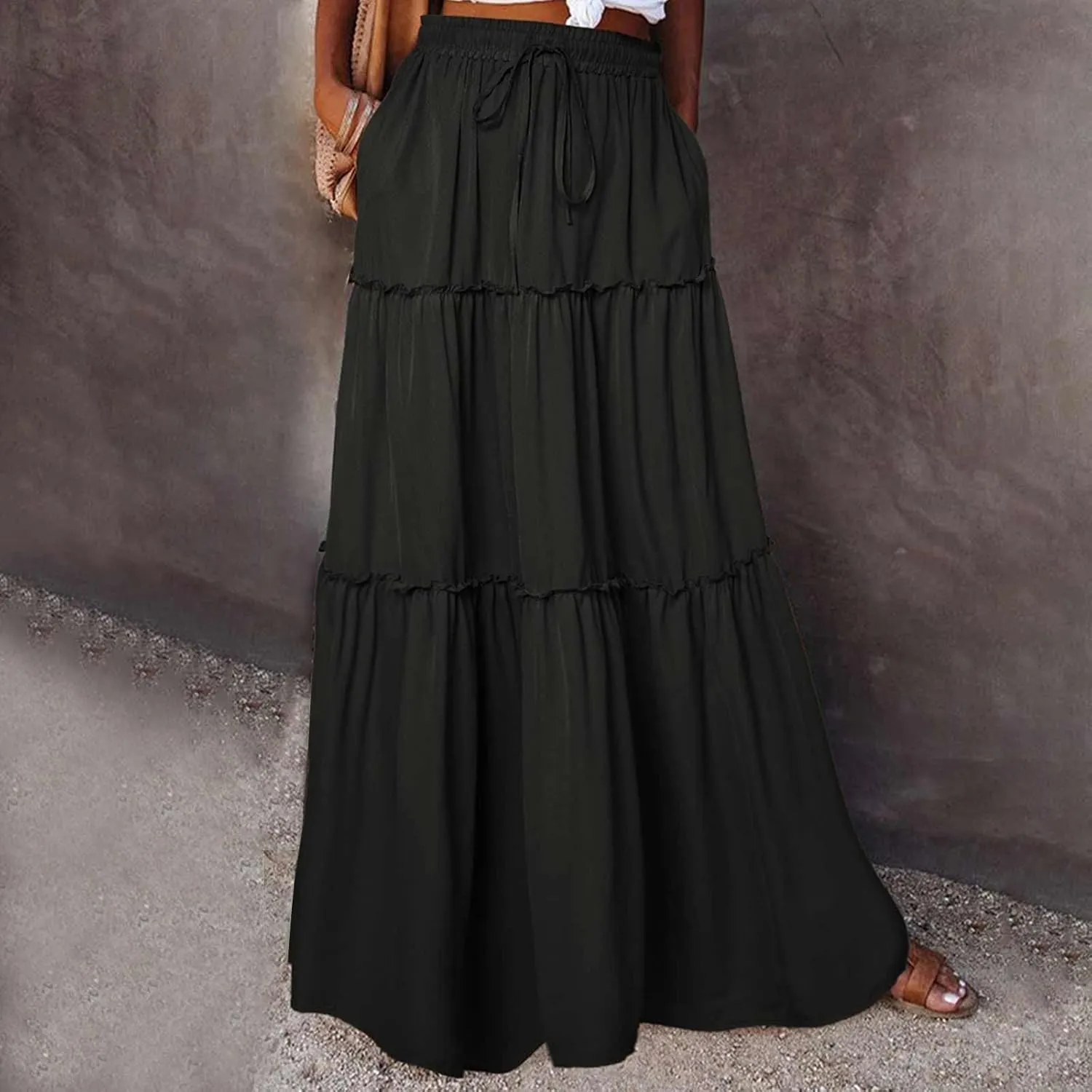 Women Flowy Layered Tiered Maxi Skirts Elastic High Waisted A Line Summer Beach Skirt Plus Size Stretch Dress