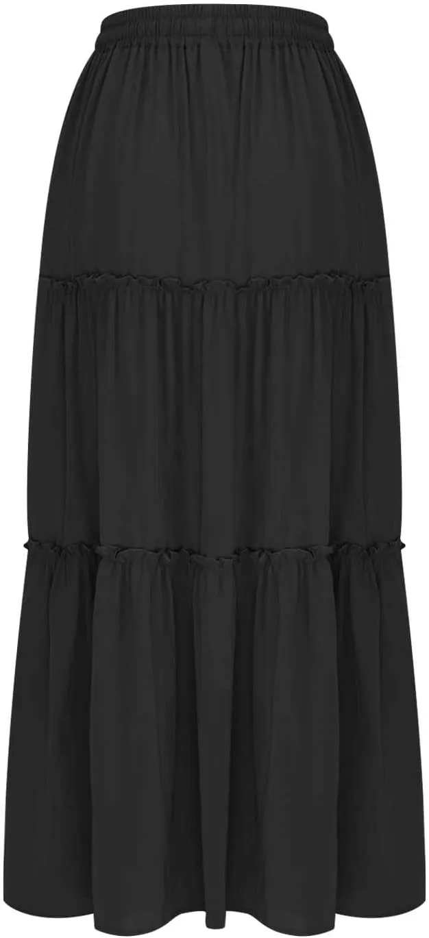 Women Flowy Layered Tiered Maxi Skirts Elastic High Waisted A Line Summer Beach Skirt Plus Size Stretch Dress
