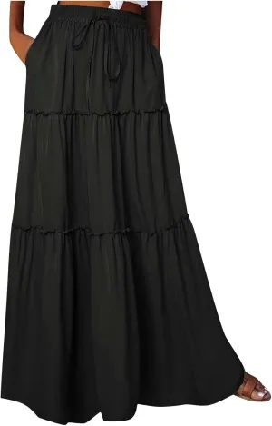 Women Flowy Layered Tiered Maxi Skirts Elastic High Waisted A Line Summer Beach Skirt Plus Size Stretch Dress