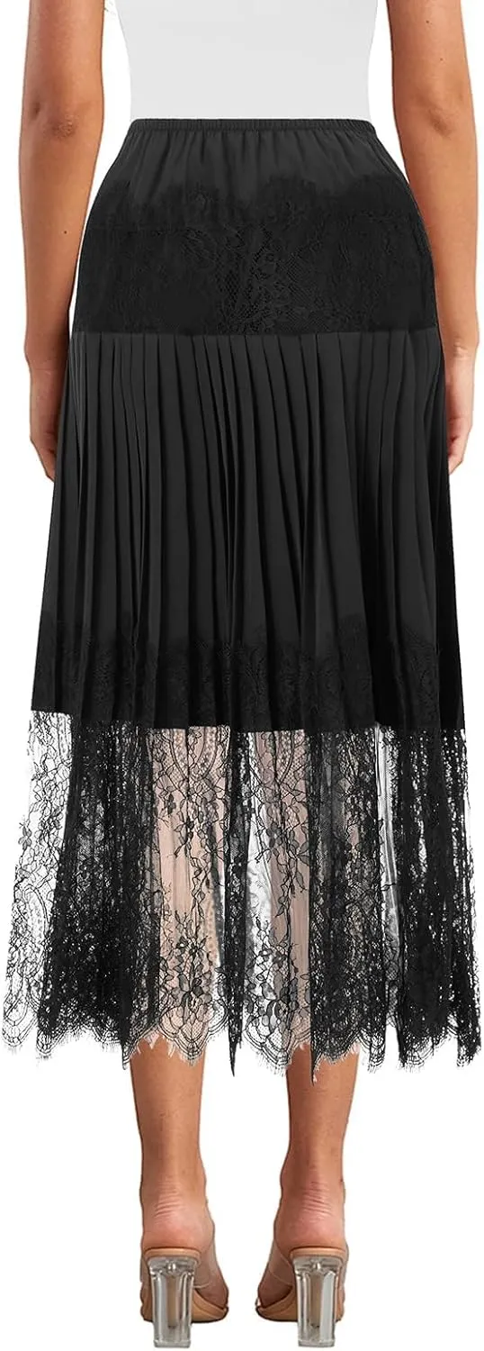 Women Lace Long Half Slip Skirt Y2k Ruffle Midi Rise Underskirt Summer Elegant Layered Pleated Flowy Midi Skirt