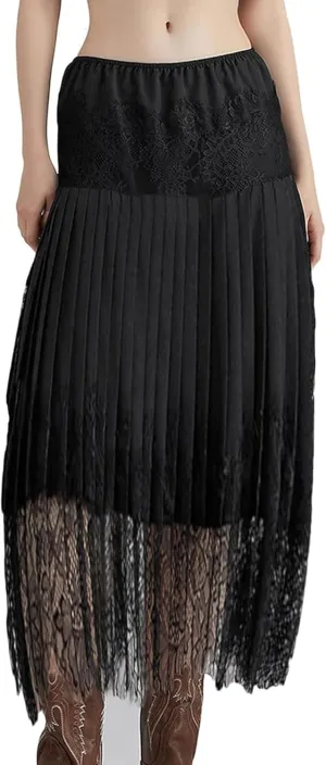Women Lace Long Half Slip Skirt Y2k Ruffle Midi Rise Underskirt Summer Elegant Layered Pleated Flowy Midi Skirt