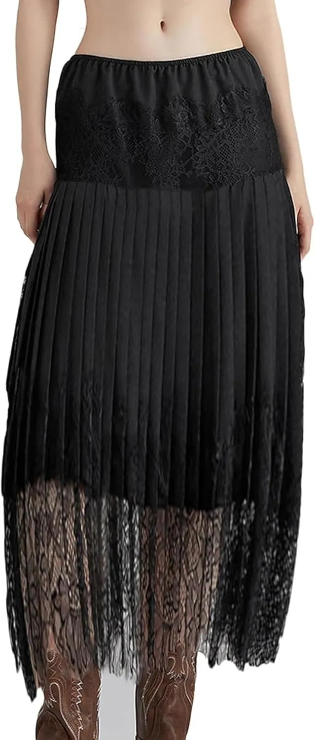Women Lace Long Half Slip Skirt Y2k Ruffle Midi Rise Underskirt Summer Elegant Layered Pleated Flowy Midi Skirt