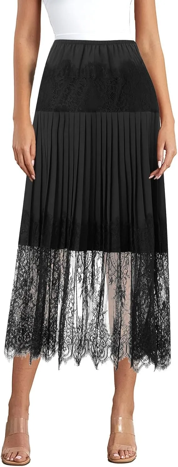 Women Lace Long Half Slip Skirt Y2k Ruffle Midi Rise Underskirt Summer Elegant Layered Pleated Flowy Midi Skirt