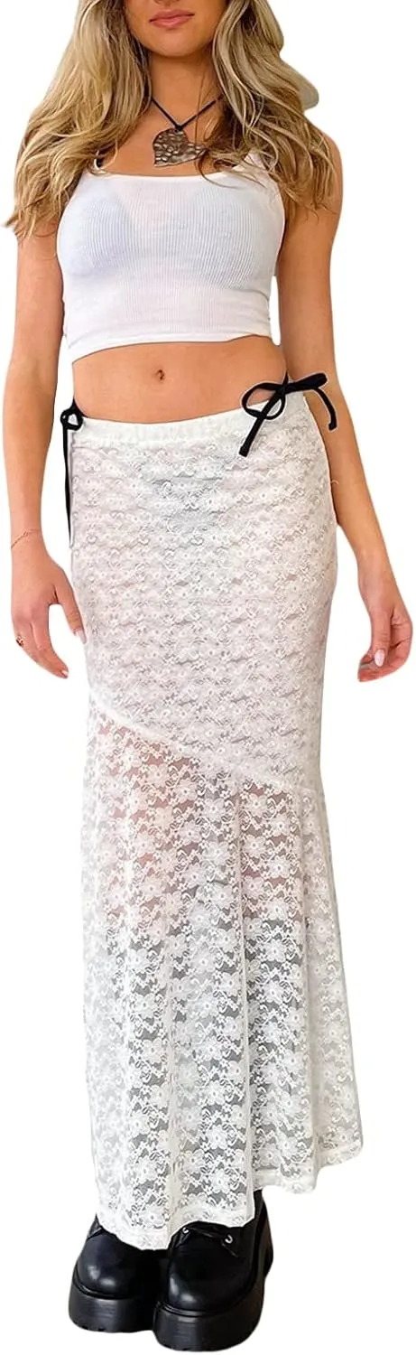 Women Lace Long Skirts Y2k Sheer Maxi Skirt Sexy See Through Beach Cover Up Long Skirt Streetwear