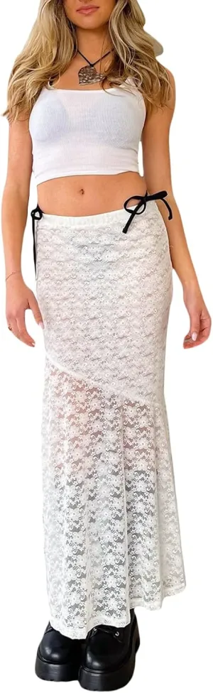 Women Lace Long Skirts Y2k Sheer Maxi Skirt Sexy See Through Beach Cover Up Long Skirt Streetwear