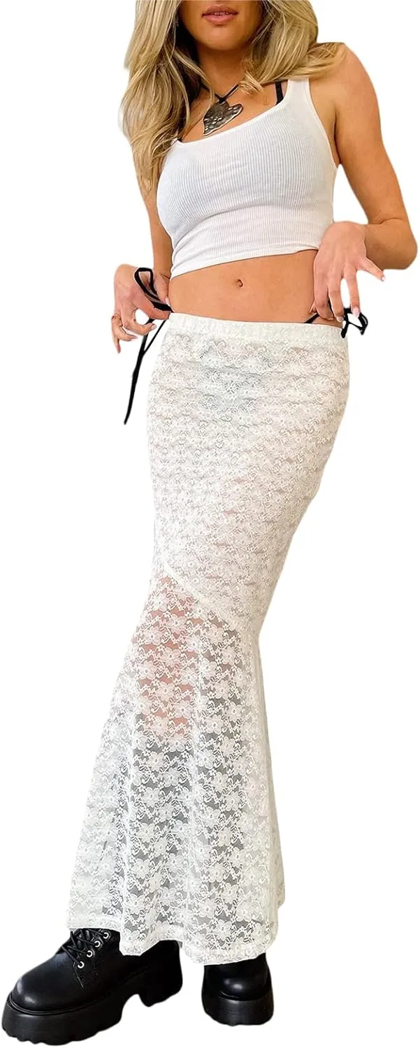 Women Lace Long Skirts Y2k Sheer Maxi Skirt Sexy See Through Beach Cover Up Long Skirt Streetwear