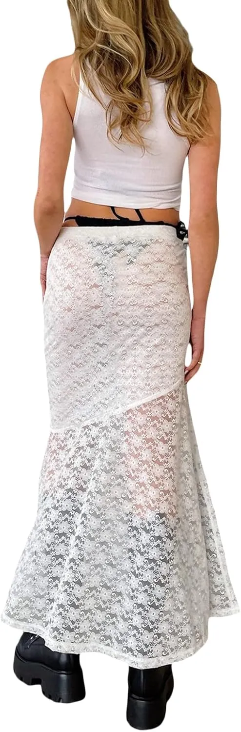 Women Lace Long Skirts Y2k Sheer Maxi Skirt Sexy See Through Beach Cover Up Long Skirt Streetwear