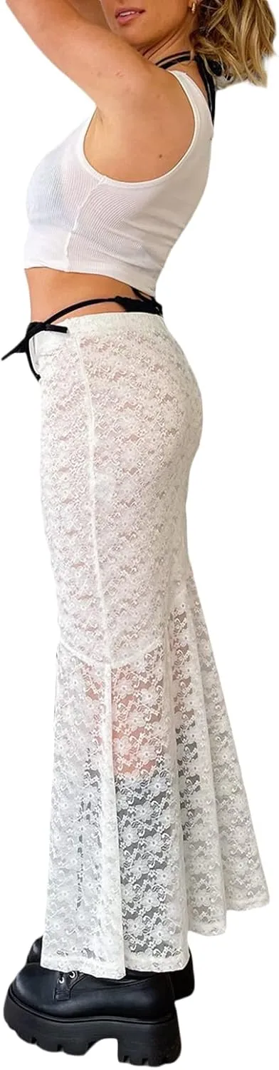 Women Lace Long Skirts Y2k Sheer Maxi Skirt Sexy See Through Beach Cover Up Long Skirt Streetwear