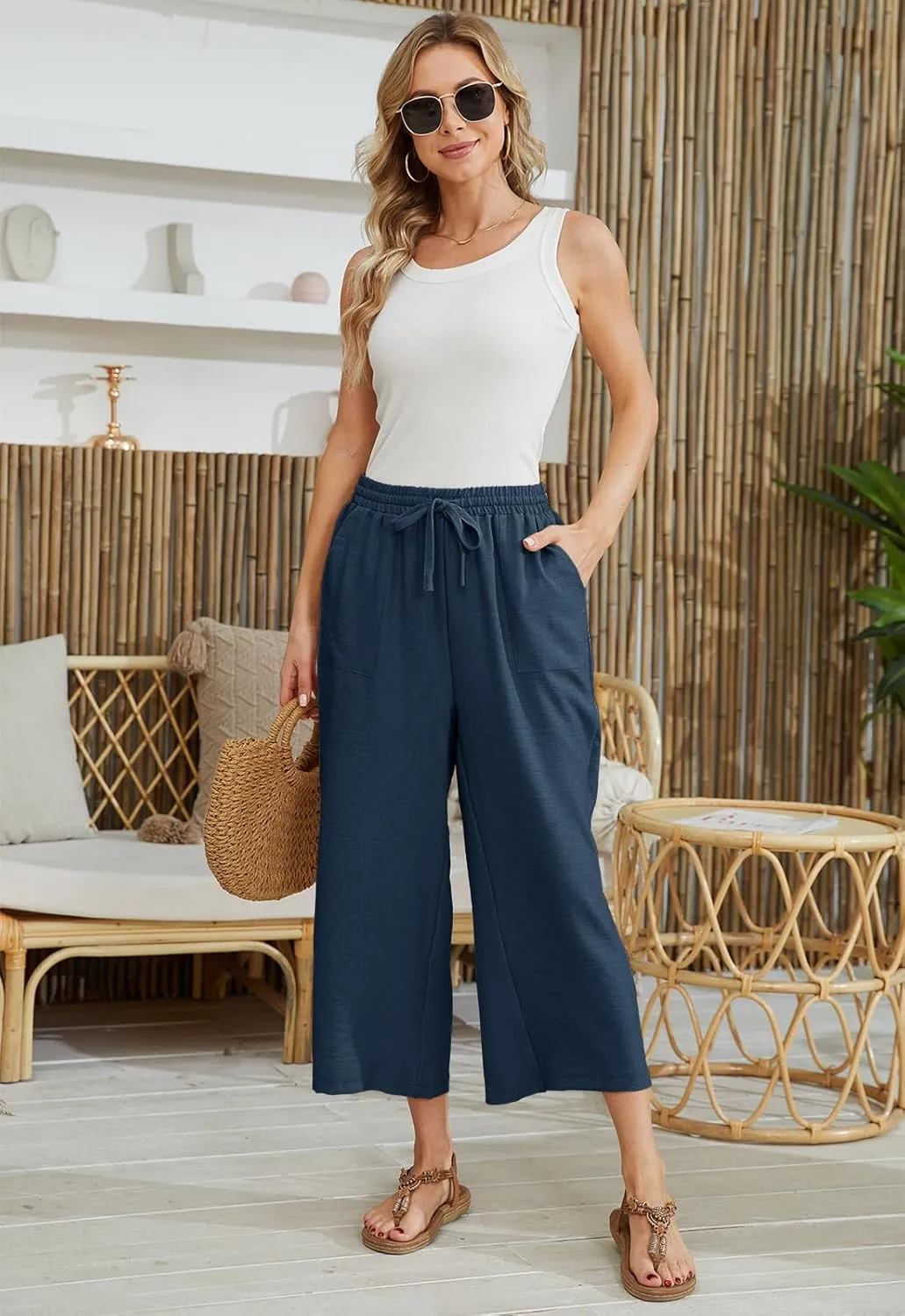 Women Linen Pants High Waist Wide Leg Pants Lightweight Comforts Summer Capri Pants Vacation Outfits for Women Girls