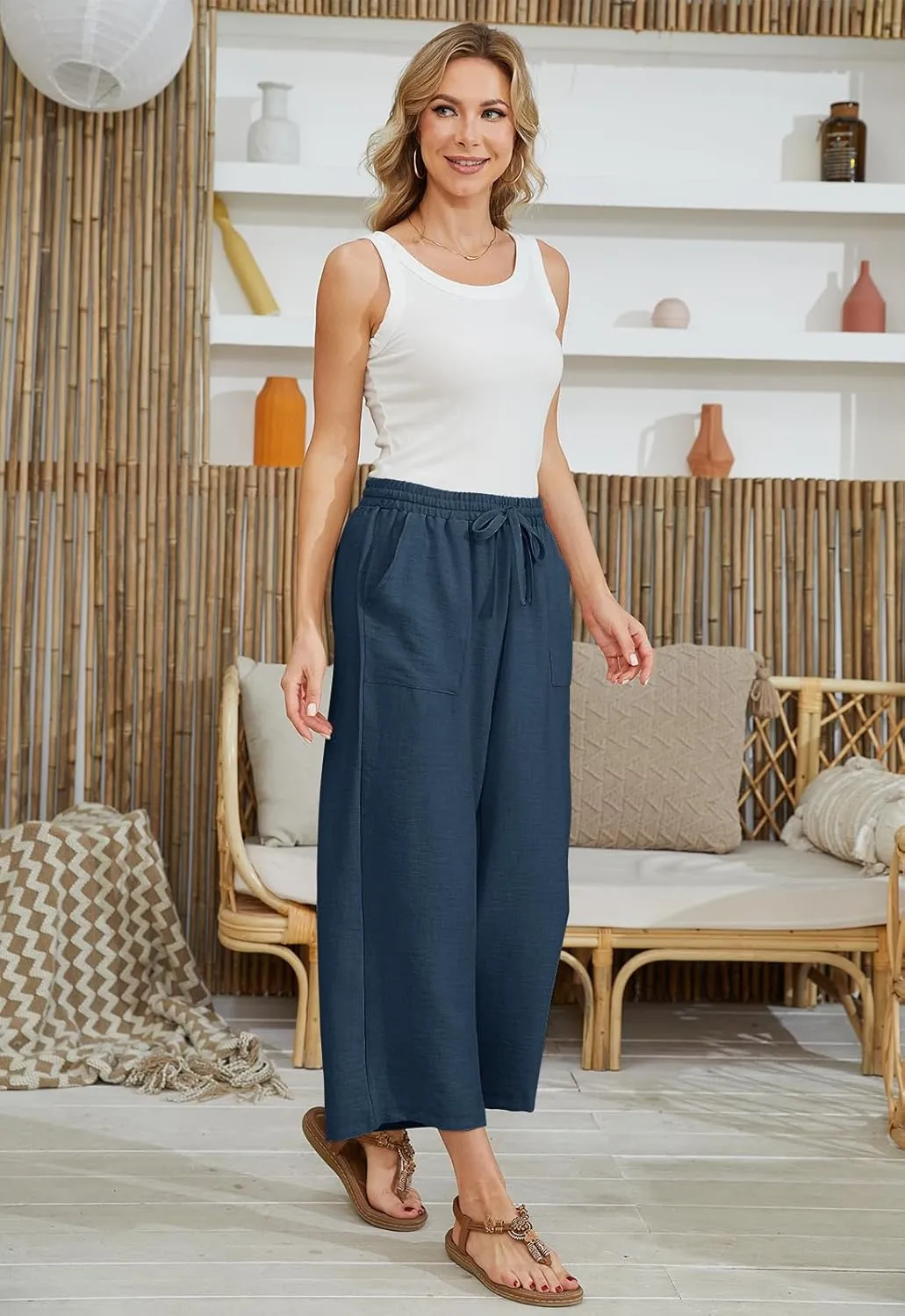 Women Linen Pants High Waist Wide Leg Pants Lightweight Comforts Summer Capri Pants Vacation Outfits for Women Girls