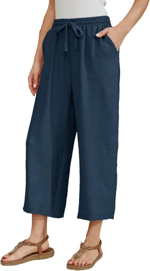 Women Linen Pants High Waist Wide Leg Pants Lightweight Comforts Summer Capri Pants Vacation Outfits for Women Girls