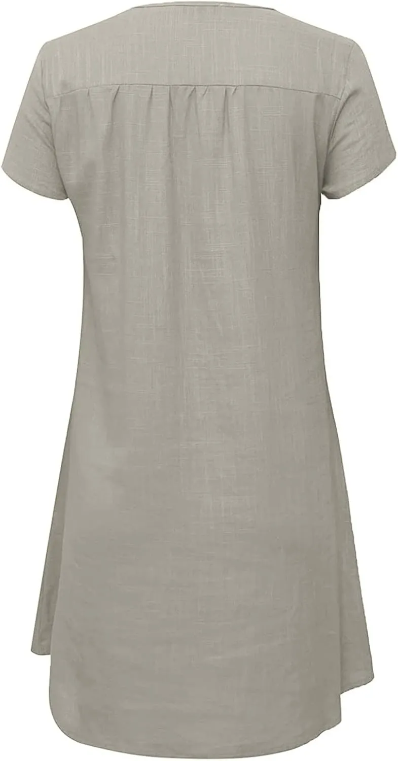 Women Linen Shirt Dresses Summer Bohemian Style Beach Sundress Fashion Solid Color Short Sleeves V-Neck Midi Dress