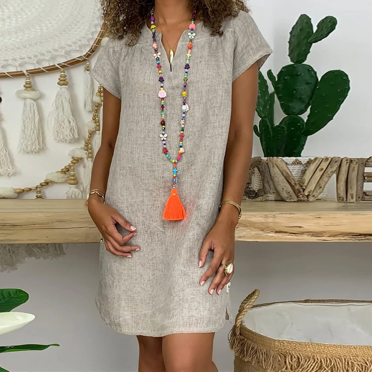 Women Linen Shirt Dresses Summer Bohemian Style Beach Sundress Fashion Solid Color Short Sleeves V-Neck Midi Dress
