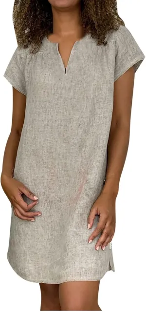 Women Linen Shirt Dresses Summer Bohemian Style Beach Sundress Fashion Solid Color Short Sleeves V-Neck Midi Dress