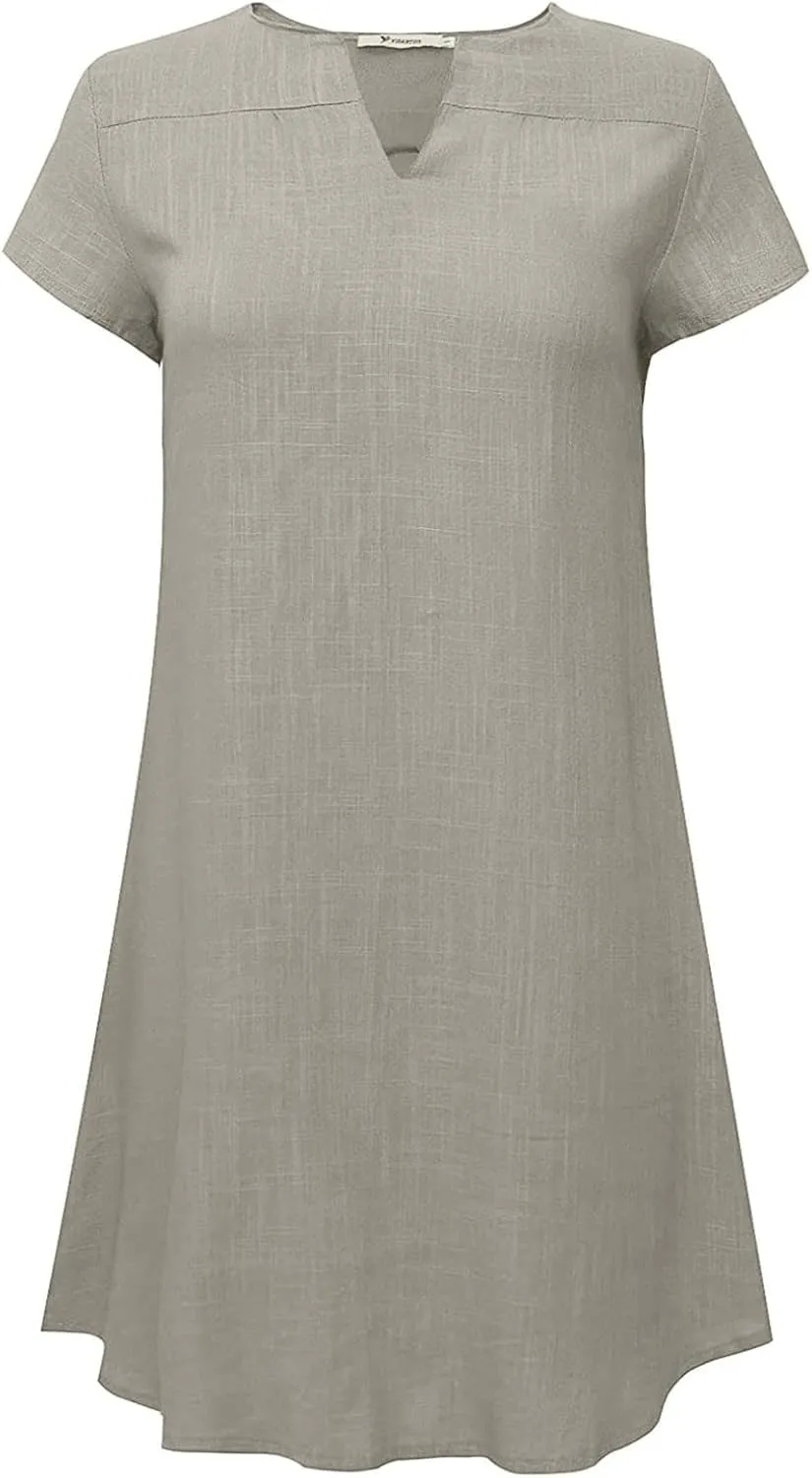 Women Linen Shirt Dresses Summer Bohemian Style Beach Sundress Fashion Solid Color Short Sleeves V-Neck Midi Dress