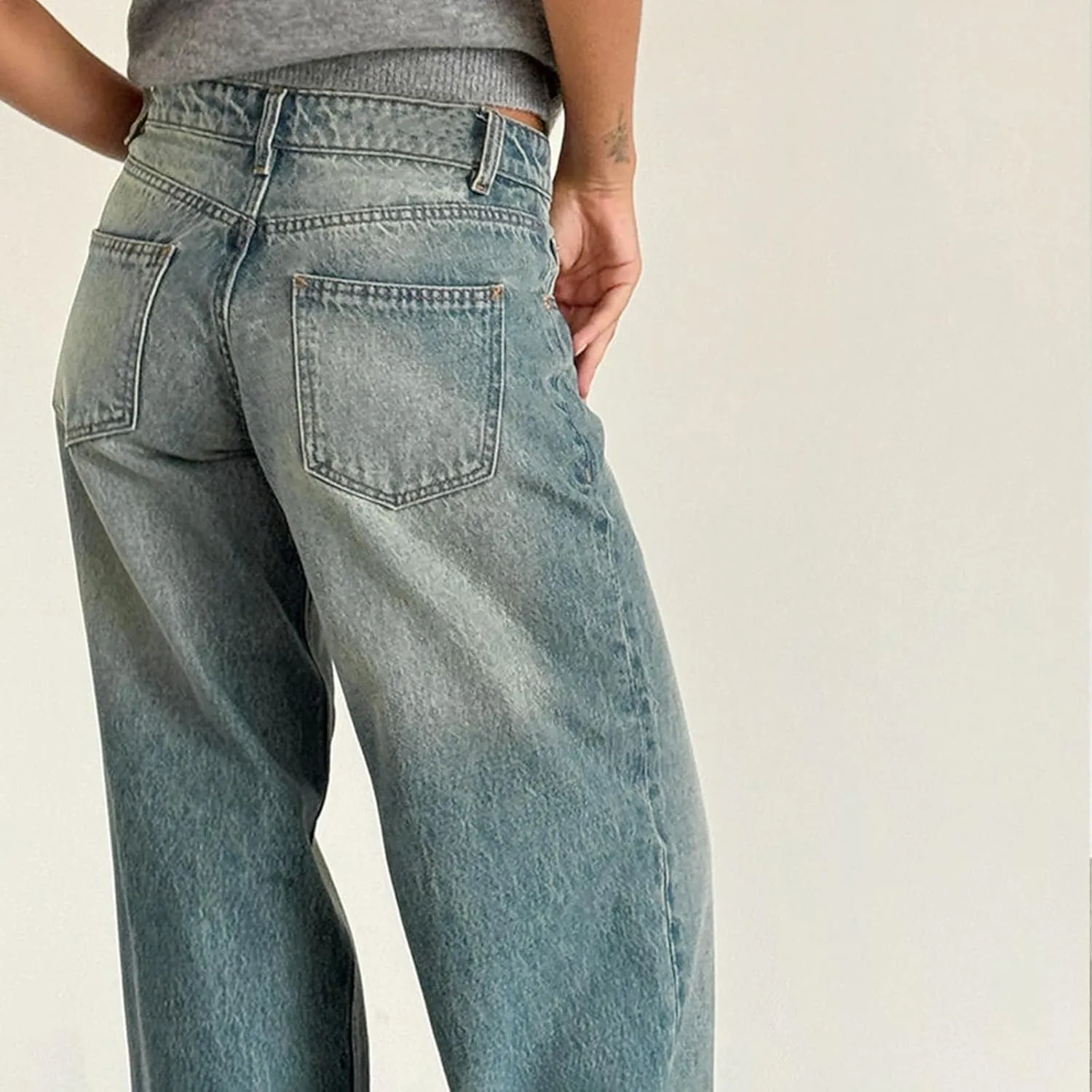 Women Low Rise Baggy Jeans Y2k Straight Wide Leg Boyfriend Viange Casual Denim Pants with Pockets
