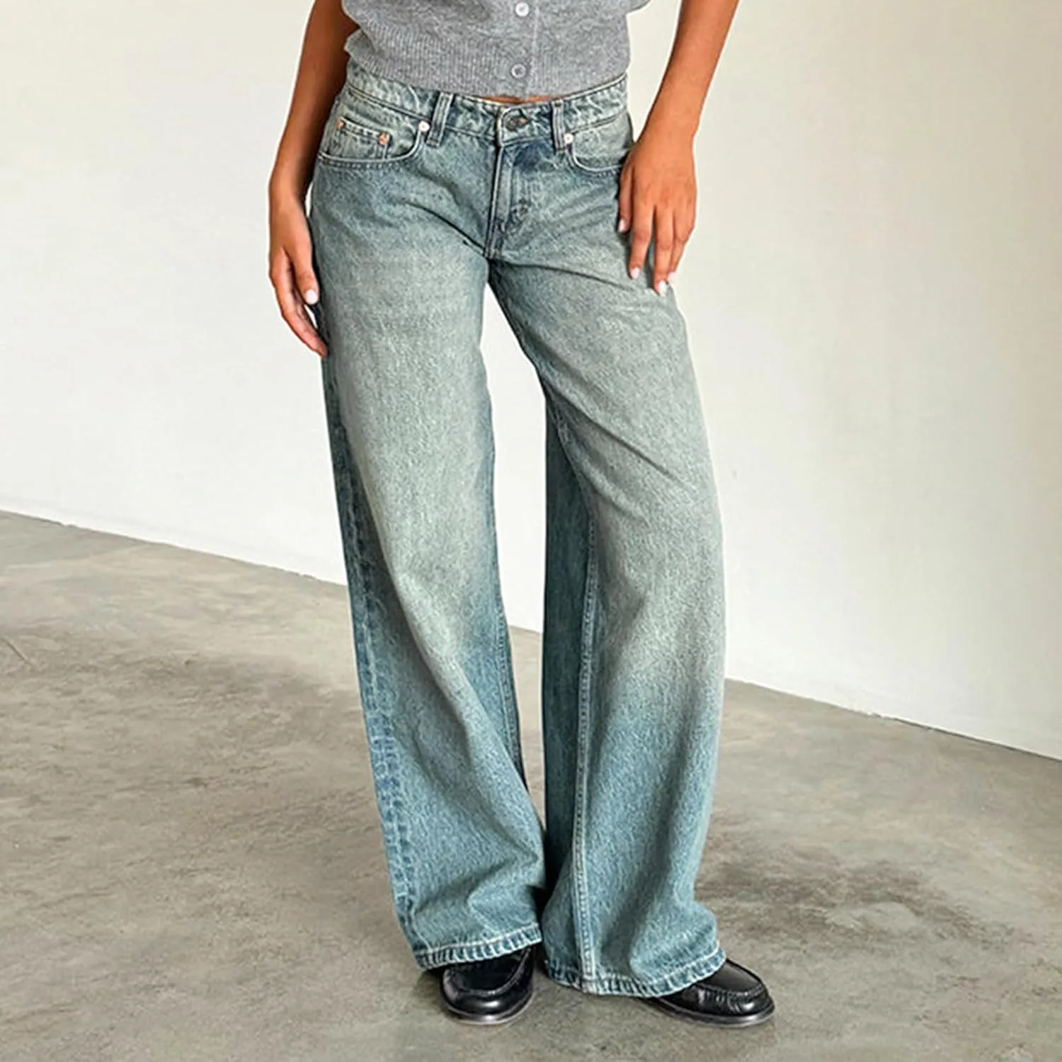 Women Low Rise Baggy Jeans Y2k Straight Wide Leg Boyfriend Viange Casual Denim Pants with Pockets