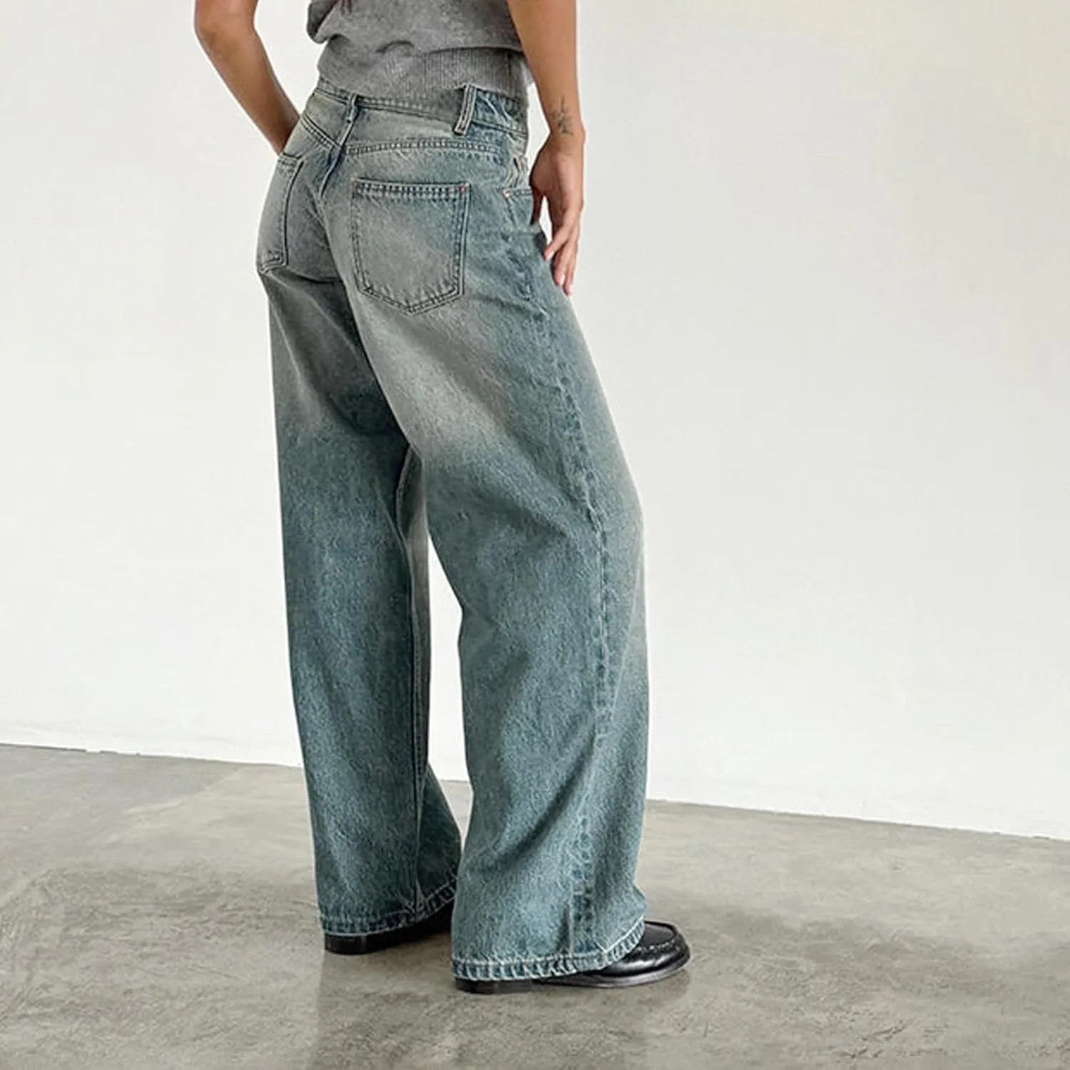 Women Low Rise Baggy Jeans Y2k Straight Wide Leg Boyfriend Viange Casual Denim Pants with Pockets