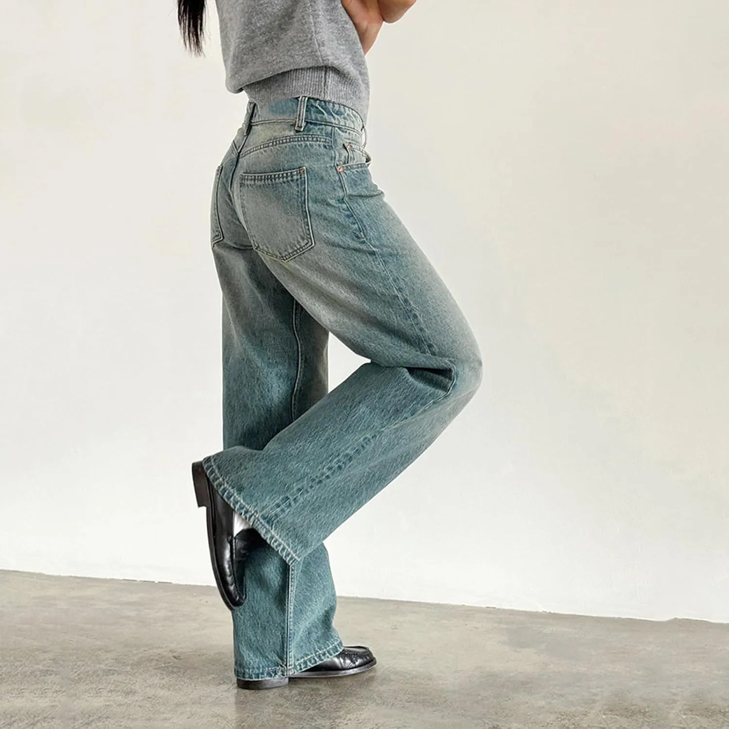 Women Low Rise Baggy Jeans Y2k Straight Wide Leg Boyfriend Viange Casual Denim Pants with Pockets