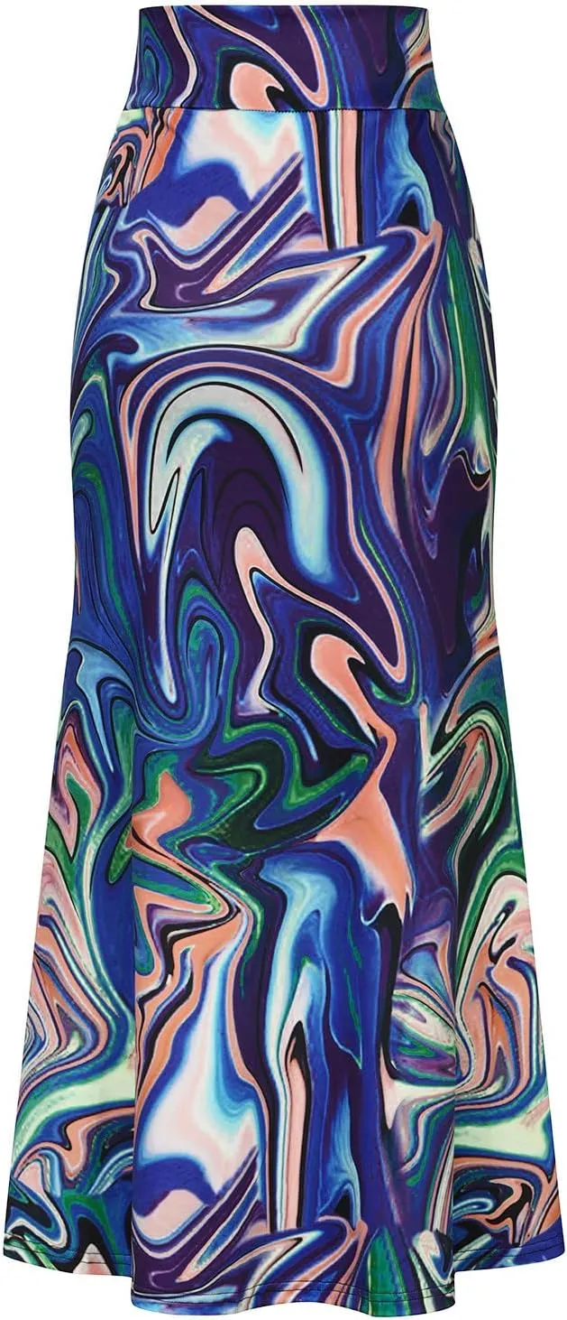Women Maxi Skirt Ethnic Stripe Floral Skirt Fashion Slim Fit High Waist Elastic Wrap Hip Bodycon Midi Length Skort