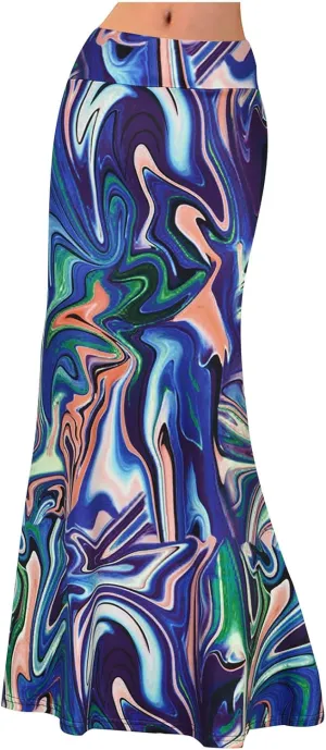 Women Maxi Skirt Ethnic Stripe Floral Skirt Fashion Slim Fit High Waist Elastic Wrap Hip Bodycon Midi Length Skort