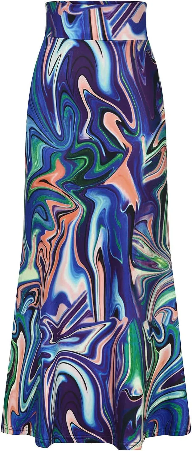 Women Maxi Skirt Ethnic Stripe Floral Skirt Fashion Slim Fit High Waist Elastic Wrap Hip Bodycon Midi Length Skort